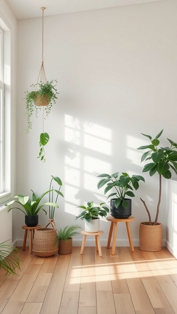 A bright room featuring various indoor plants in stylish pots, showcasing the importance of greenery in Scandinavian interiors.