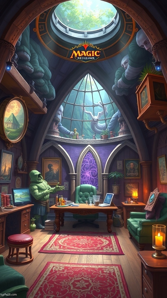 A magical room filled with artwork and artifacts, featuring a green figure discussing Magic: The Gathering.