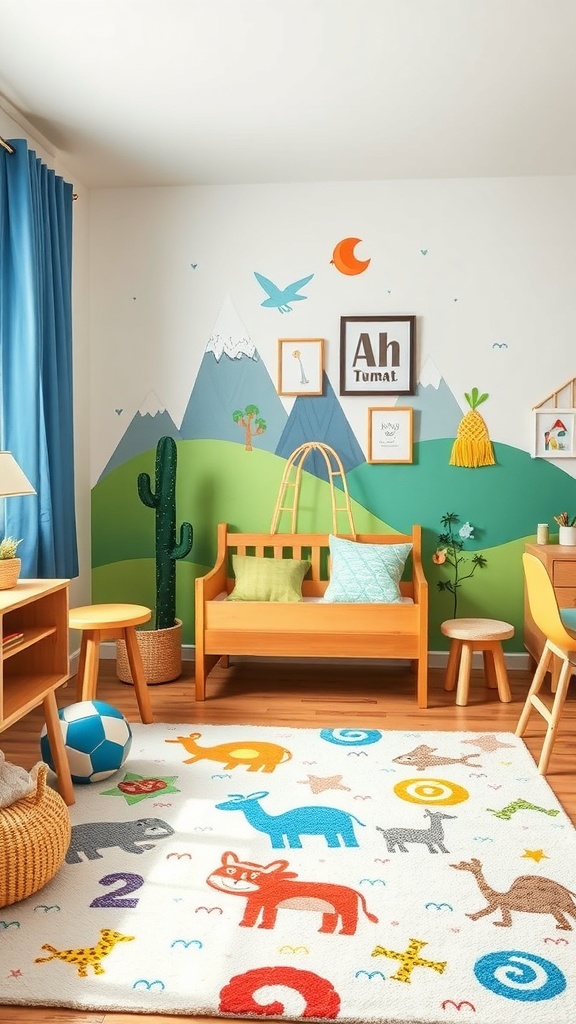 A colorful kids bedroom featuring animal-themed accessories, a playful rug, and cheerful wall art.