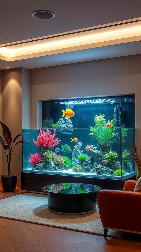 A beautifully designed aquarium featuring colorful coral and fish, set in a modern living room.