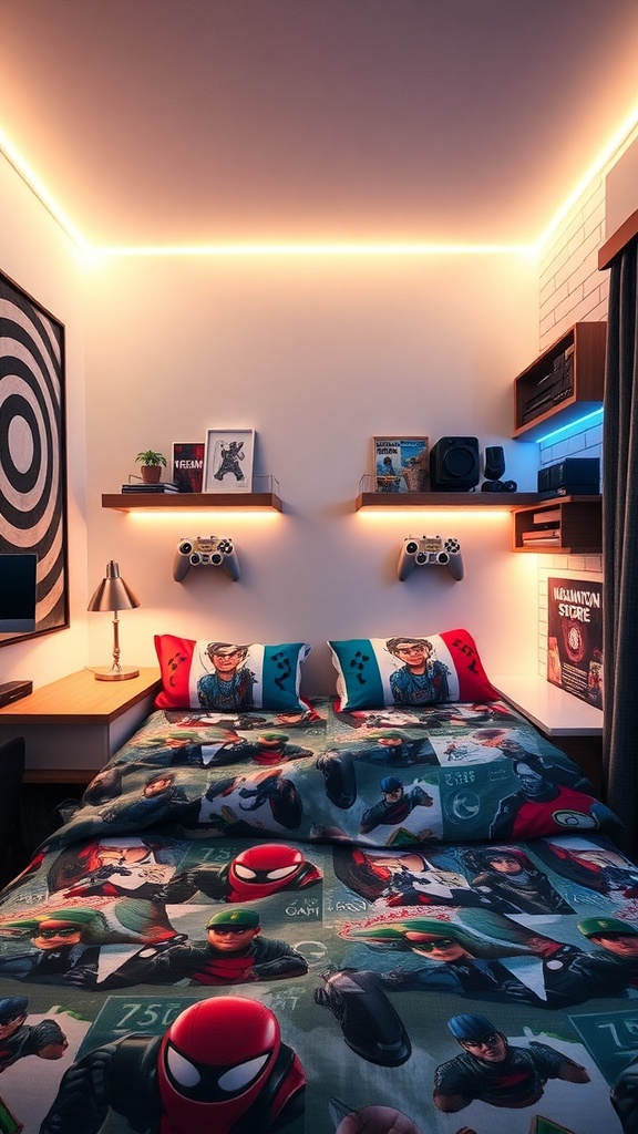 A gaming-themed bedroom with colorful bedding featuring popular gaming characters.