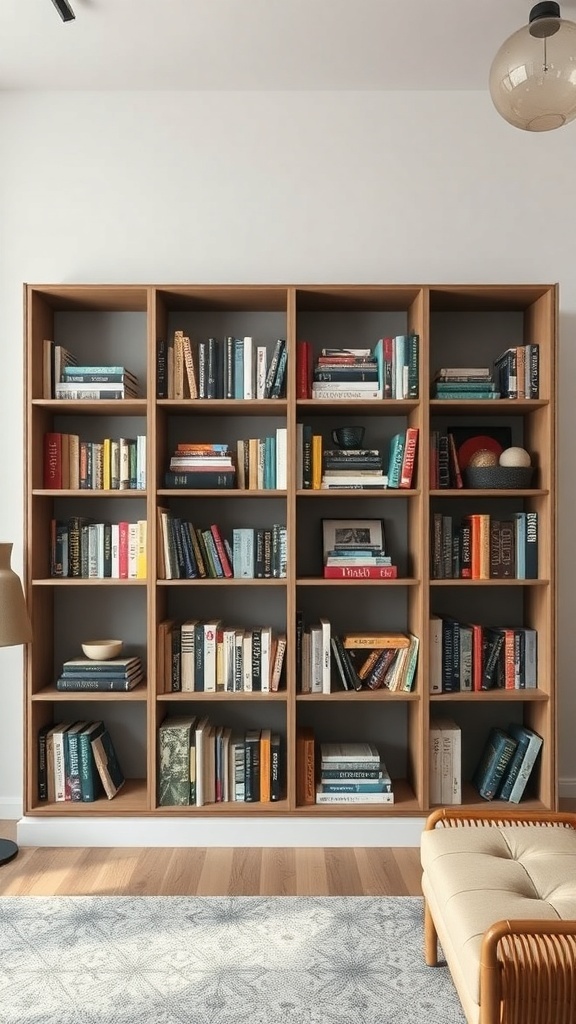 A modern wooden bookshelf filled with books and decorative items, showcasing a clean and organized look.