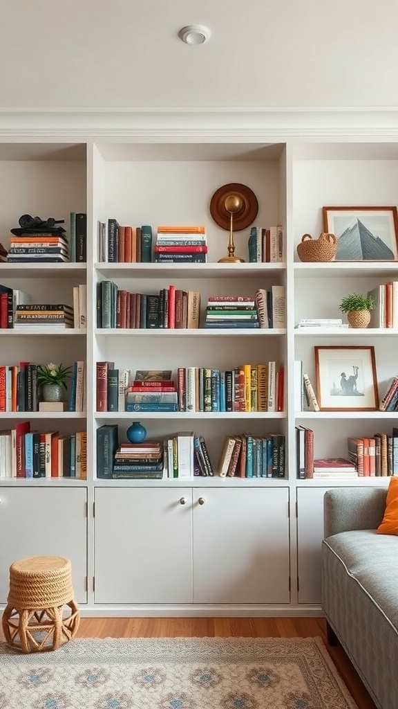A well-organized bookshelf with colorful books, decorative items, and plants.