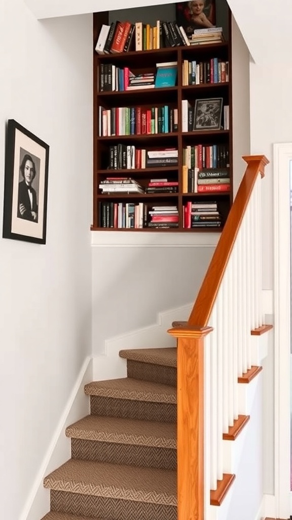 A staircase landing with a wooden bookshelf filled with colorful books and a framed photo on the wall.