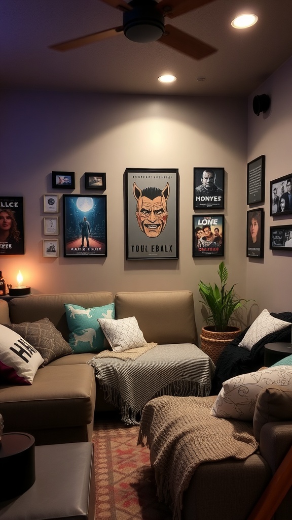 Cozy home theater setup with movie posters, comfortable seating, and warm lighting