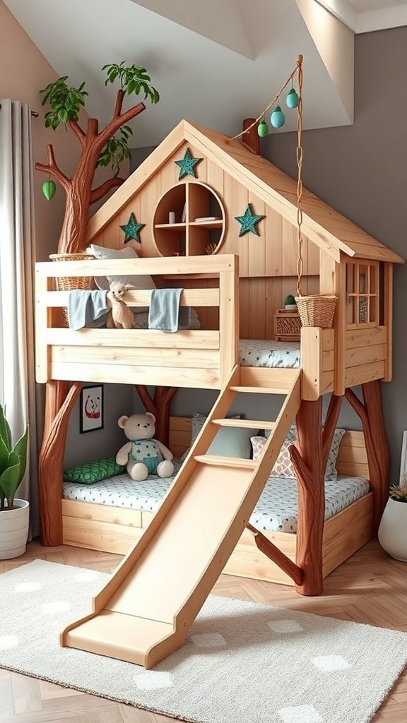 A wooden loft bed designed like a treehouse with a slide, featuring tree designs and star decorations.