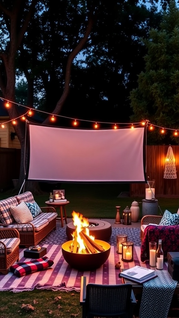Cozy outdoor cinema setup with a screen, fire pit, and comfortable seating.