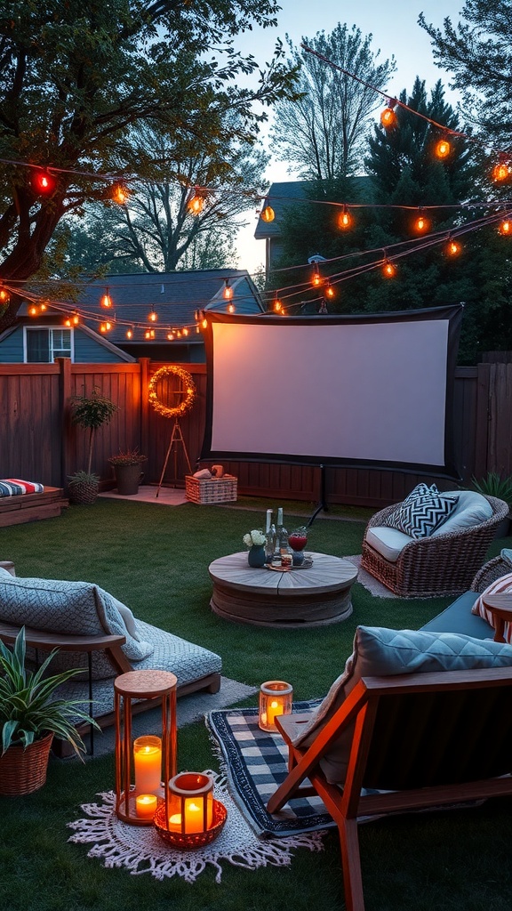 Cozy outdoor cinema setup with string lights, comfortable seating, and a movie screen in a backyard.
