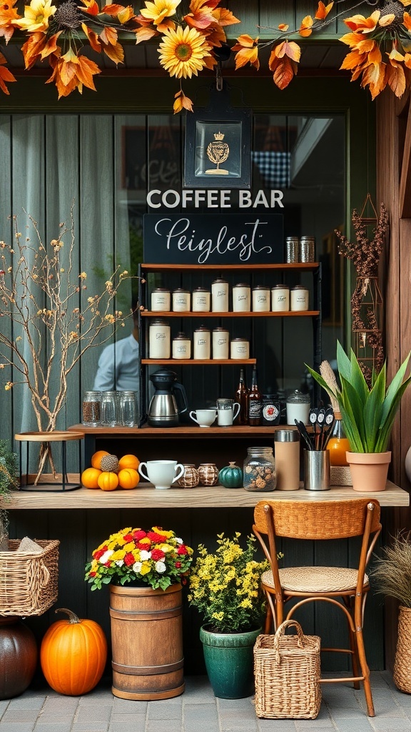 A cozy outdoor coffee bar decorated for fall with sunflowers, pumpkins, and colorful flowers.