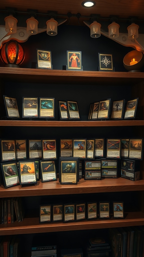A display of framed Magic: The Gathering cards on wooden shelves, illuminated by warm lighting.