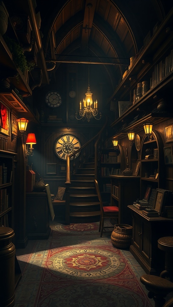 A cozy thieves' guild hideout with wooden shelves, a spiral staircase, and warm lighting.