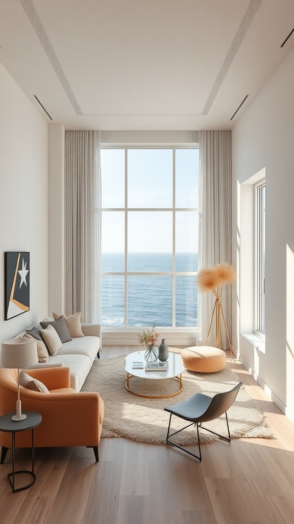 A warm minimalist living room with ocean views, featuring an orange armchair, a round coffee table, and a textured rug.