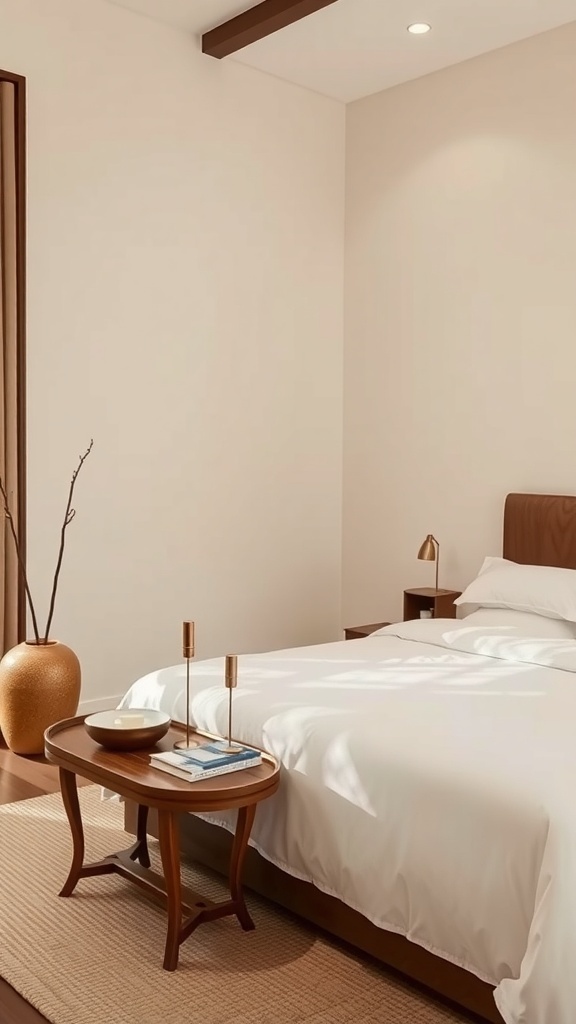 A serene Japandi style bedroom featuring a wooden bed, soft white bedding, a small wooden table with decor, and warm lighting.