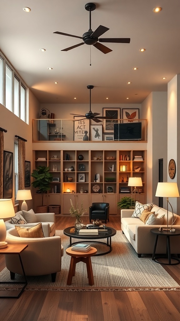 A cozy living room with thoughtful lighting choices, featuring ceiling fans, table lamps, and illuminated artwork.