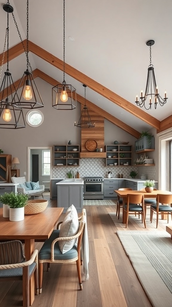 Modern farmhouse kitchen with various light fixtures, wooden beams, and cozy decor.