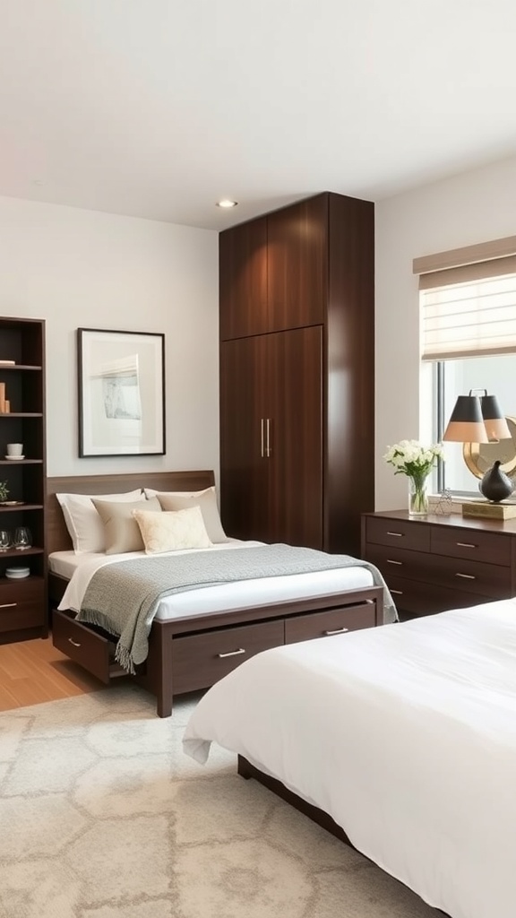 A stylish small bedroom featuring a bed with storage drawers, a wooden shelving unit, and natural light.