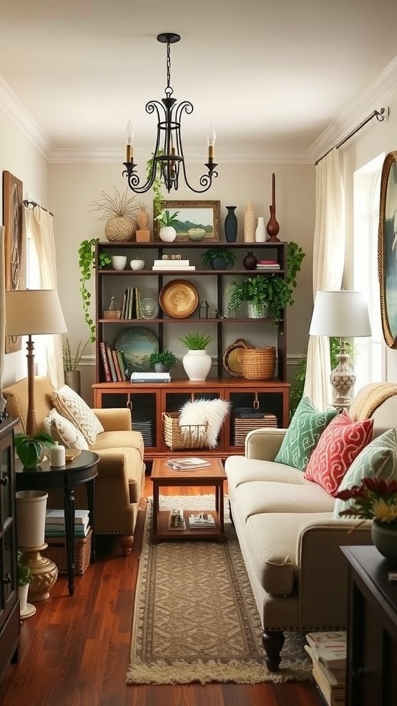 Cozy living room with thrifted decor, featuring a shelving unit filled with plants and decorative items, soft lighting, and comfortable seating.