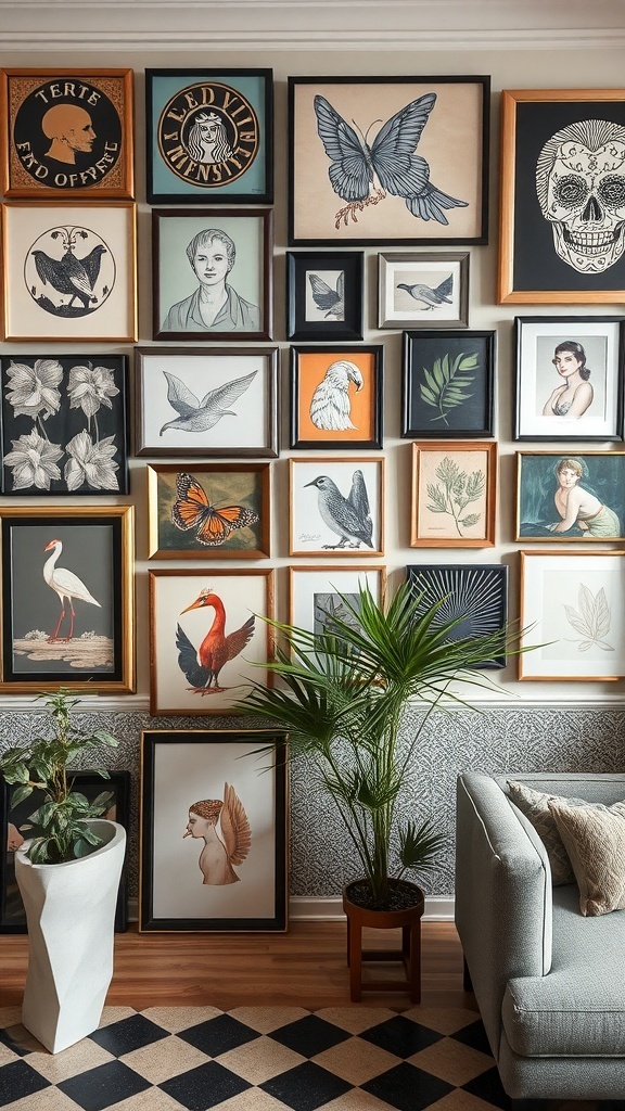 A gallery wall featuring various framed artworks including butterflies, portraits, and plants, creating a cozy atmosphere.