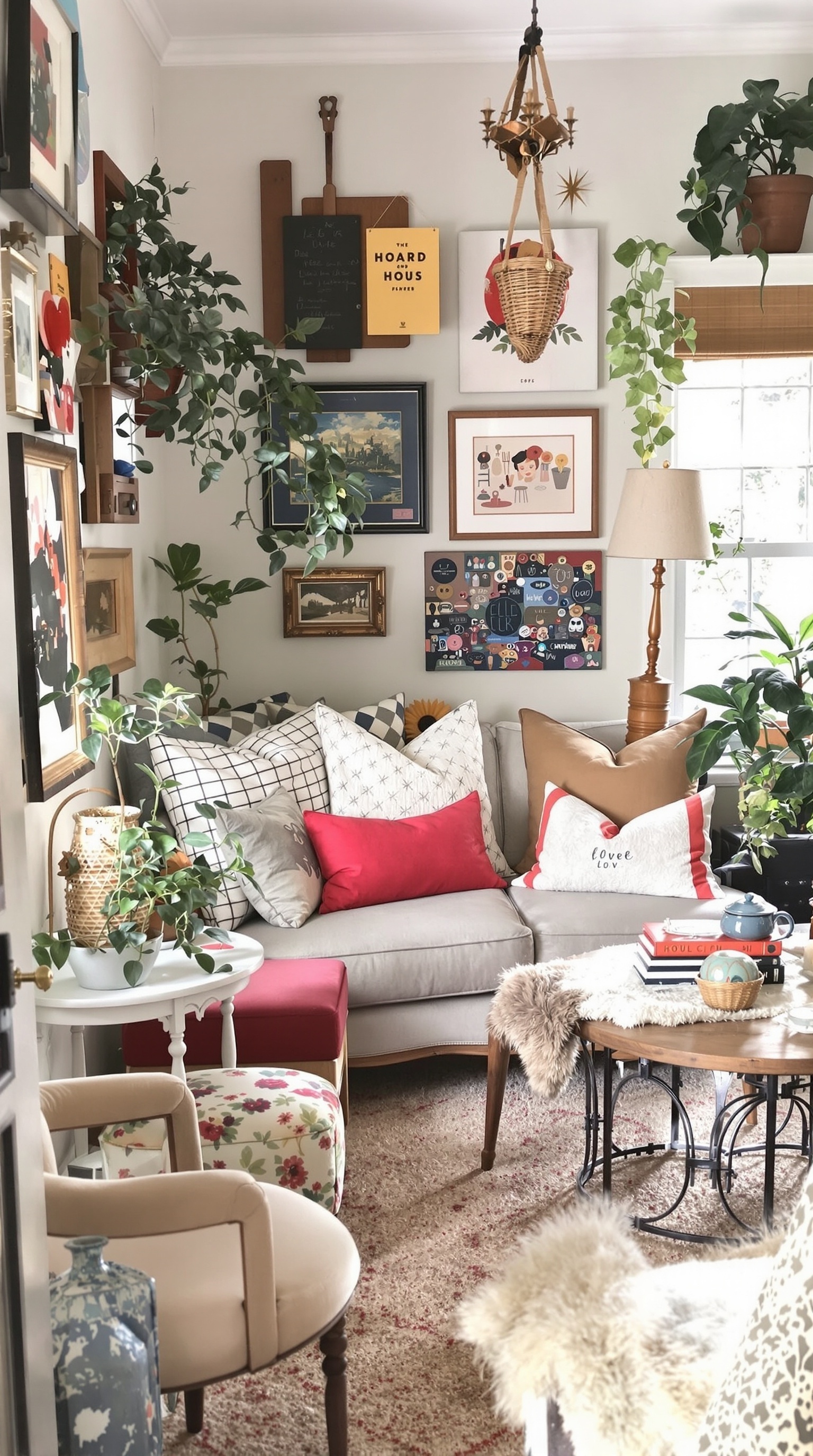 Ein gemütlicher Raum mit Vintage-Möbeln, Pflanzen und dekorativen Bildern an der Wand.