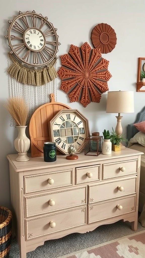 A cozy bedroom dresser with thrifted decor items including a clock, picture frames, and a small decorative house.