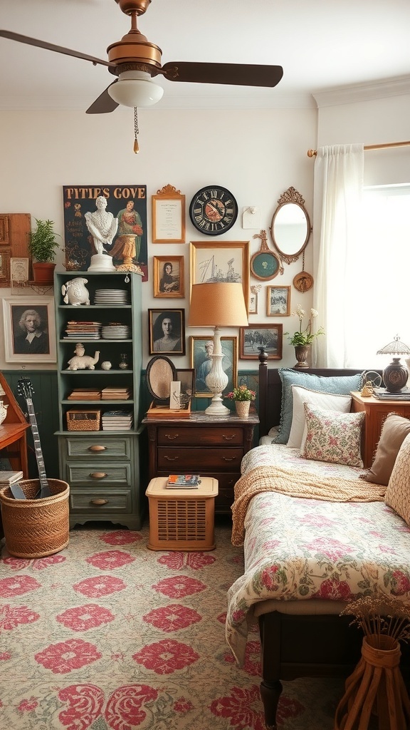 A cozy bedroom with vintage decor, featuring a mix of wall art, a green shelving unit, and a patterned rug.
