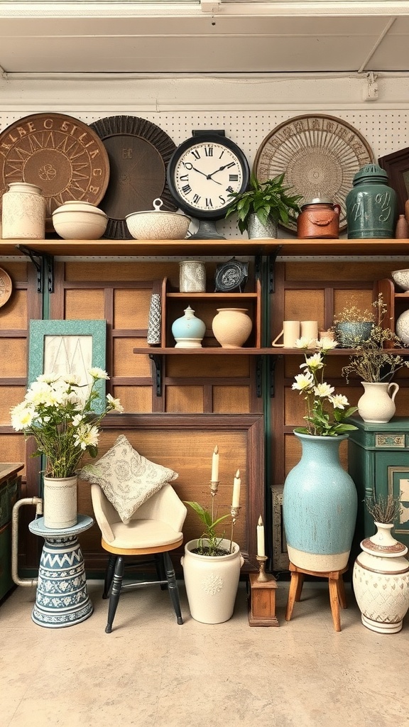 A display of vintage decorative items including vases, a clock, and candle holders on wooden shelves.