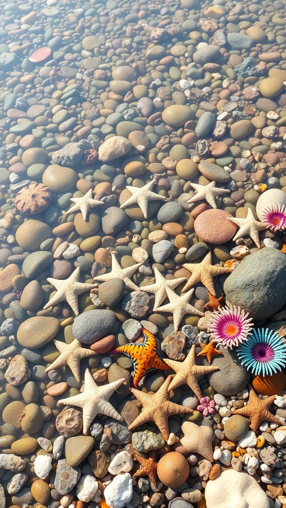 A tide pool filled with starfish and colorful sea urchins among smooth pebbles.