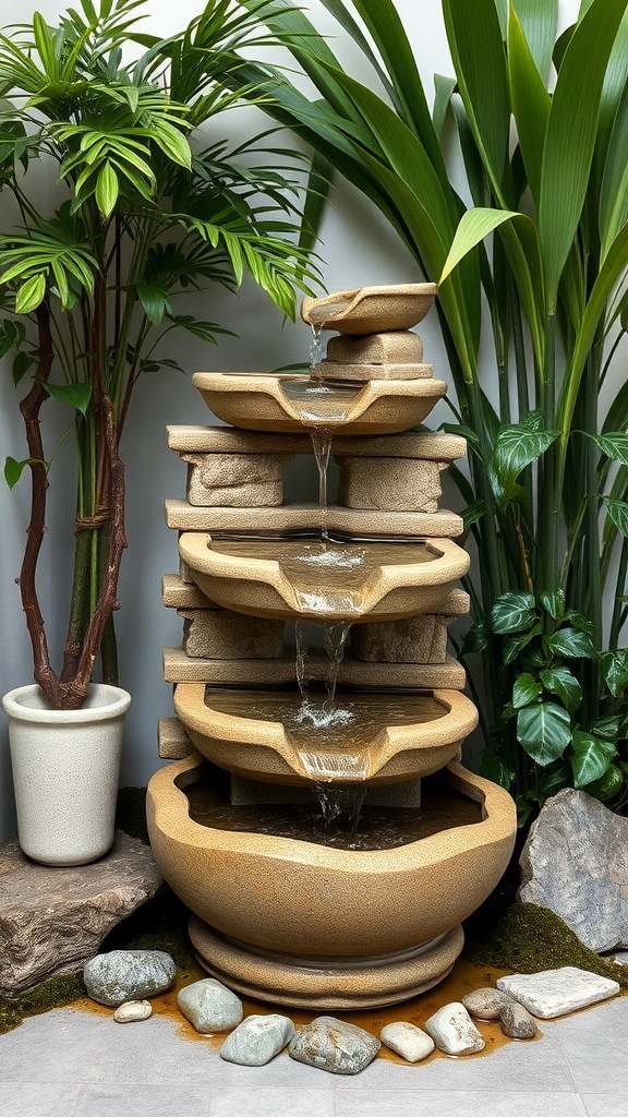 A tiered stone fountain with cascading water, surrounded by green plants.