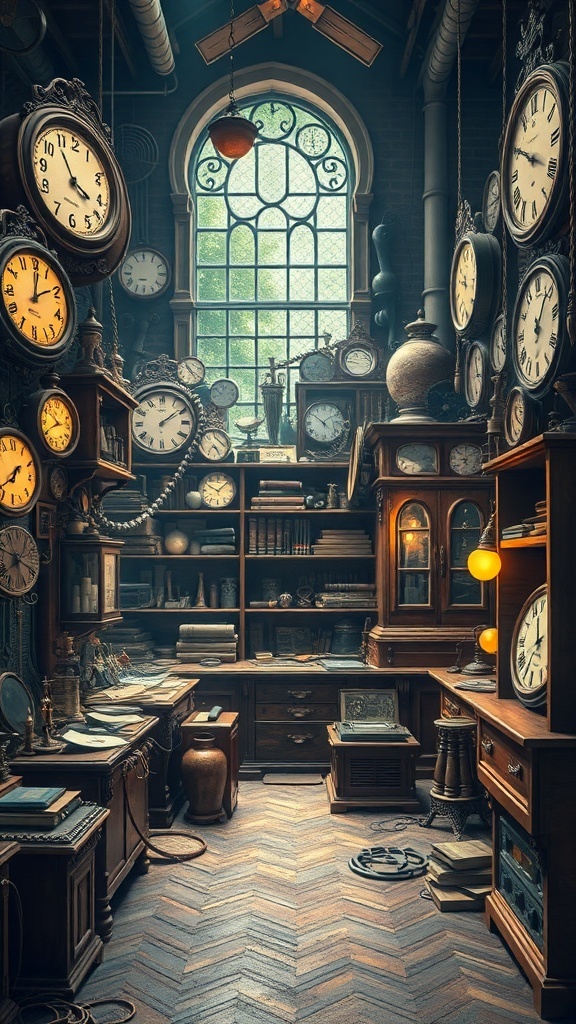 A cozy workshop filled with various clocks, books, and tools, illuminated by warm light.