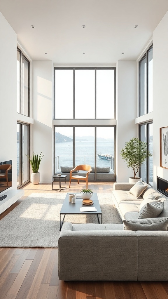 Modernes Wohnzimmer mit großen Fenstern und minimalistischer Einrichtung