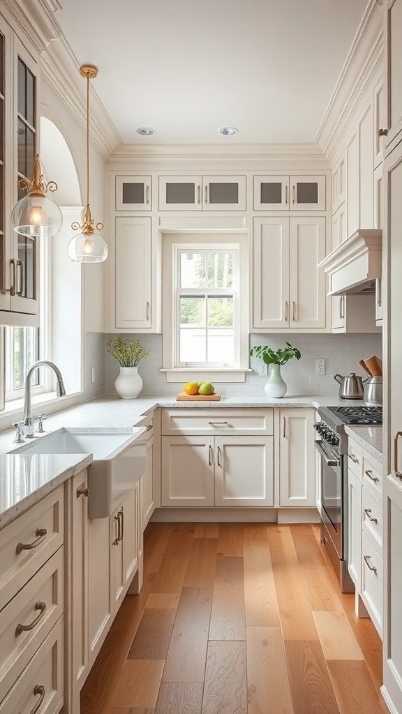 A classic kitchen design featuring white cabinetry, natural wood floors, and elegant lighting.
