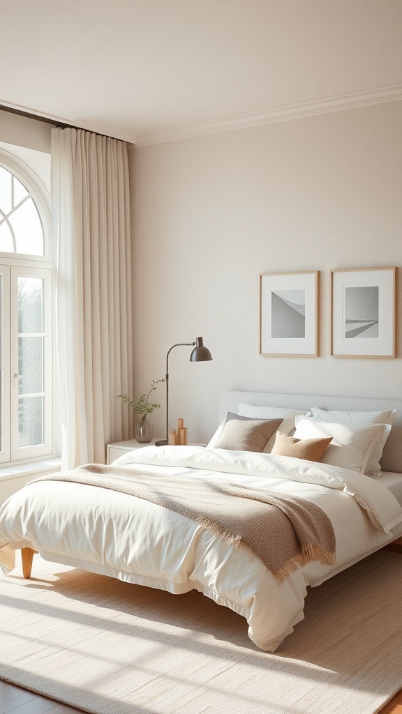 A serene bedroom featuring soft neutral tones, large window, and simple decor.