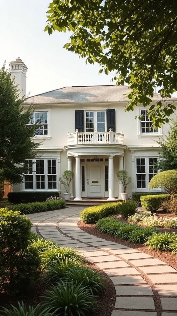 A beautiful house painted in creamy neutral tones with dark shutters and surrounded by greenery.