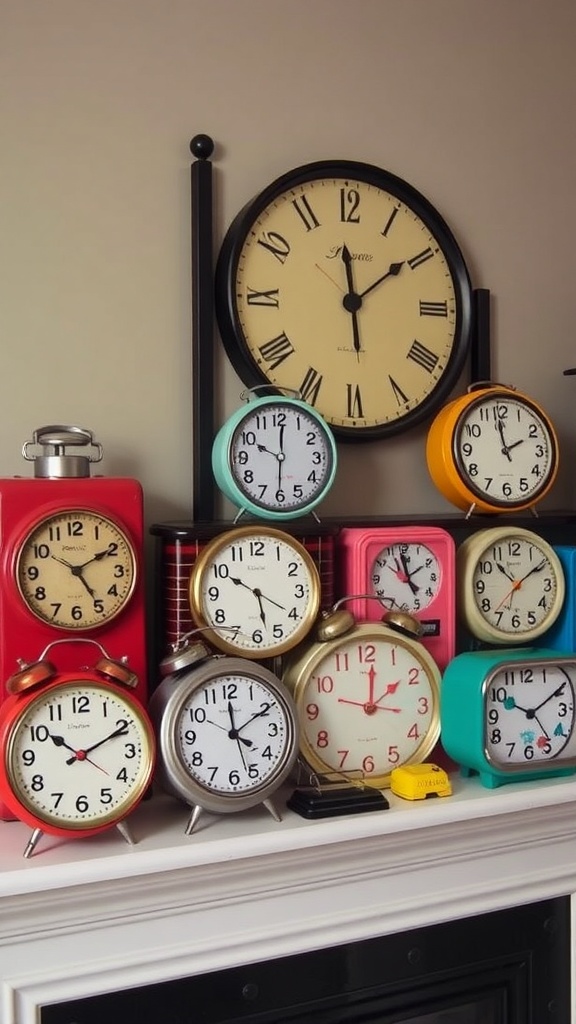 A collection of vintage decorative clocks in various colors and styles.