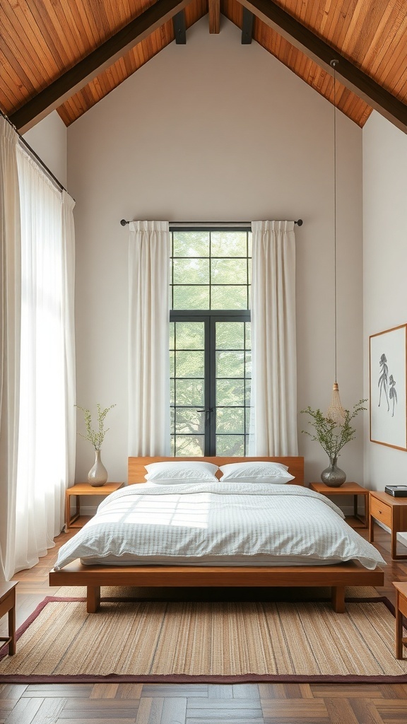 A Japandi style bedroom featuring a wooden bed, large windows, and high ceilings.