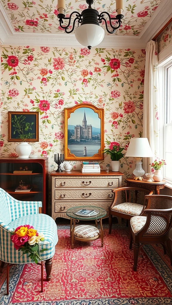 A cozy room featuring floral wallpaper, vintage furniture, and a warm color palette.