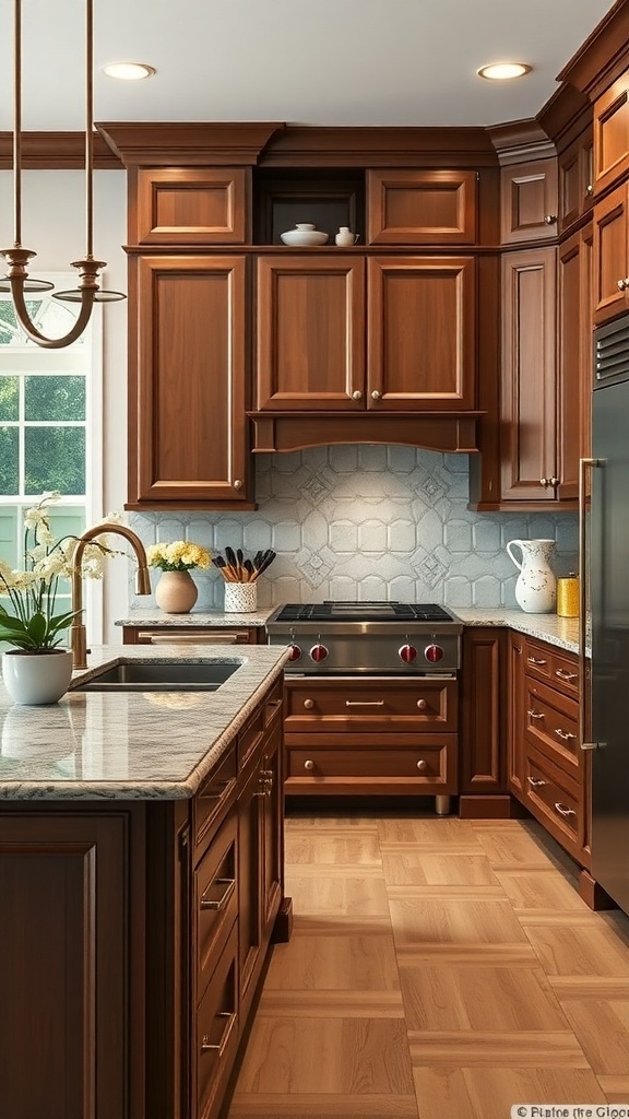A kitchen with rich wooden cabinets and a granite countertop, showcasing a blend of elegance and durability.