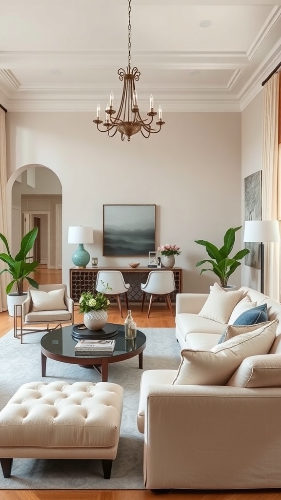 A beautifully designed living room featuring soft neutral colors, plush sofas, a round coffee table, and potted plants.