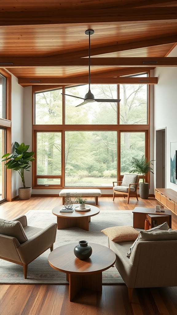 A mid-century modern living room featuring large windows, wooden ceiling, and stylish furniture.
