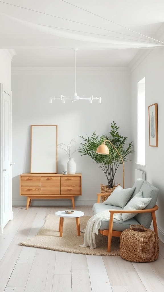 A cozy Scandinavian living room featuring a light color palette, minimalist furniture, and natural textures.