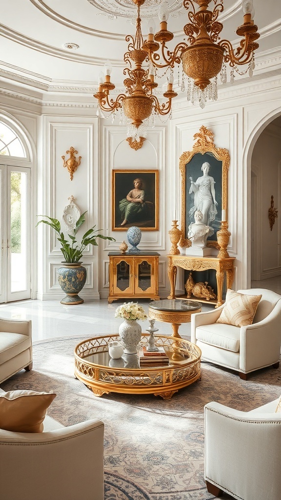 A Rococo-inspired room featuring a golden chandelier, elegant furniture, and classic artwork.