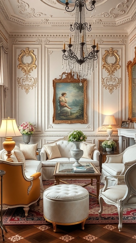 A luxurious Rococo-style living room featuring ornate details, elegant furniture, and a warm color palette.