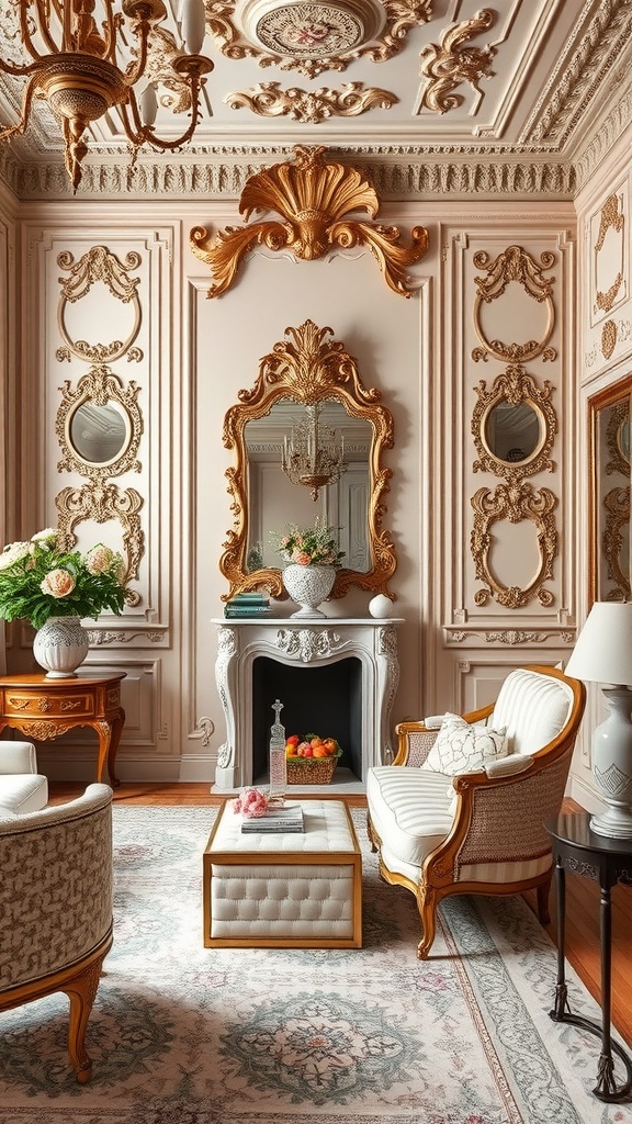 A beautifully decorated Rococo interior featuring ornate moldings, elegant furniture, and soft colors.