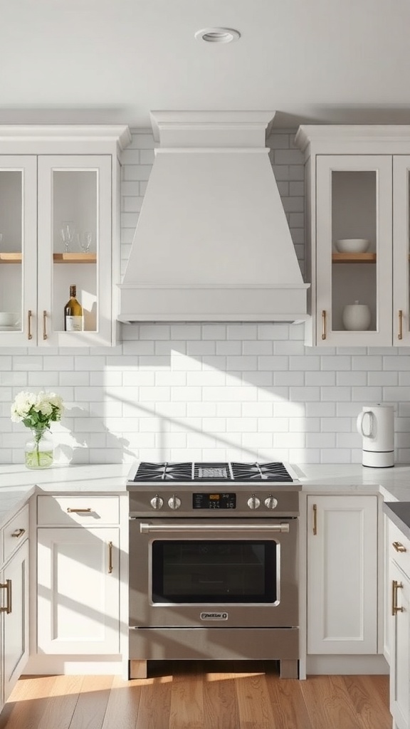 A white kitchen featuring a subway tile backsplash, modern stove, and elegant cabinetry.