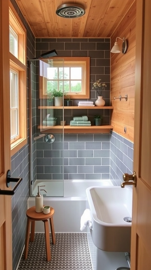 Ein modernes Badezimmer in einem Tiny House mit Holzverkleidung, großen Fenstern und einem schlichten Waschtisch.