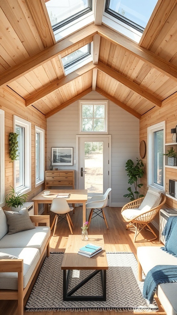 Heller und offener Wohnraum eines Tiny Houses mit Holzdesign und großen Fenstern.