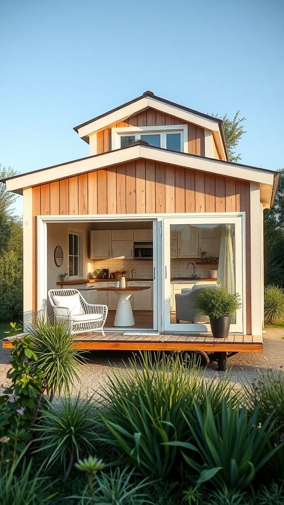 Ein modernes Tiny House mit Holzverkleidung und großen Fenstern, umgeben von Pflanzen und mit einer einladenden Dachterrasse.
