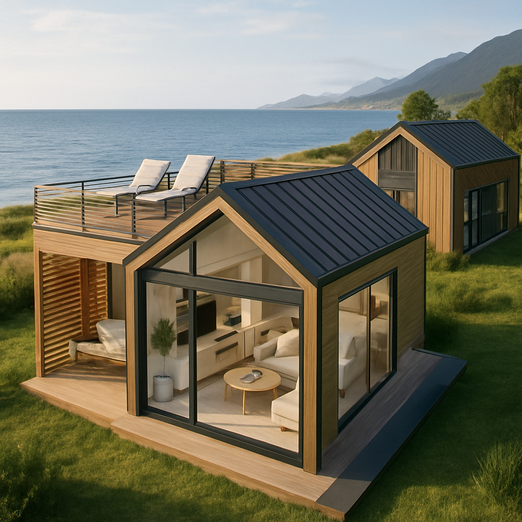Ein modernes Tiny House mit Dachterrasse am Meer, umgeben von Natur.