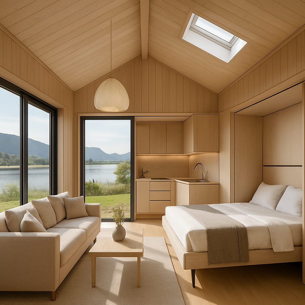 Ein modernes Tiny House mit offenem Grundriss, großen Fenstern und Blick auf die Natur.