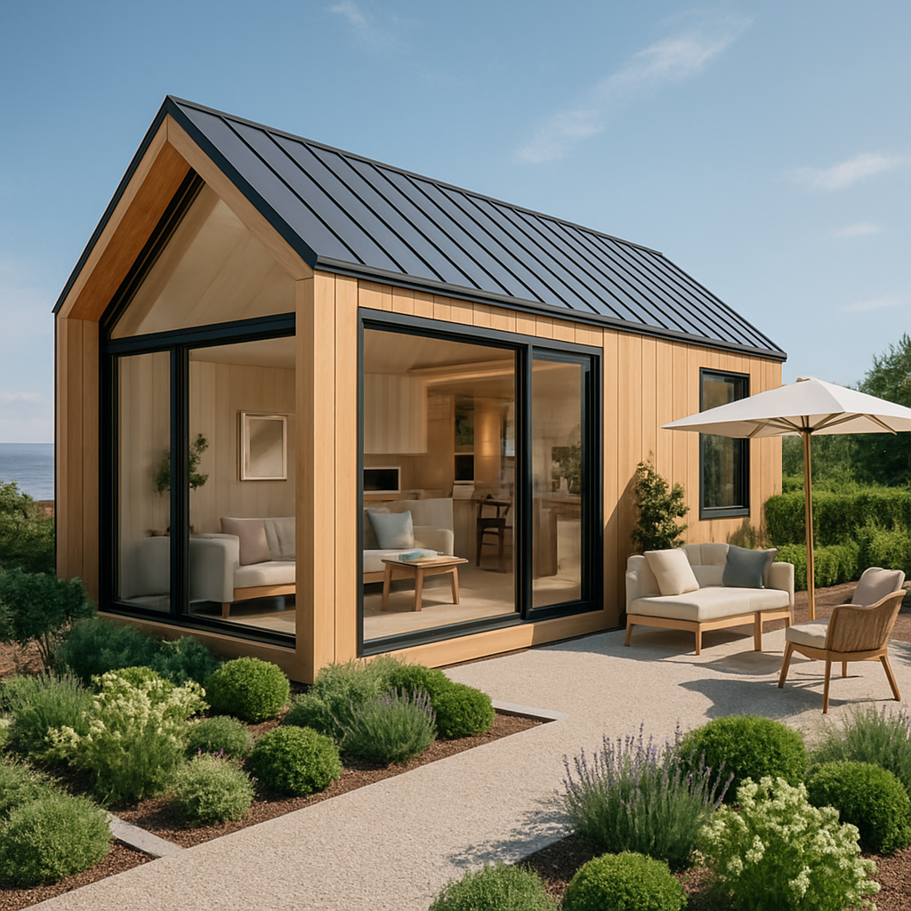 Ein modernes Tiny House mit großen Fenstern, umgeben von einem gepflegten Garten und einem einladenden Außenbereich.